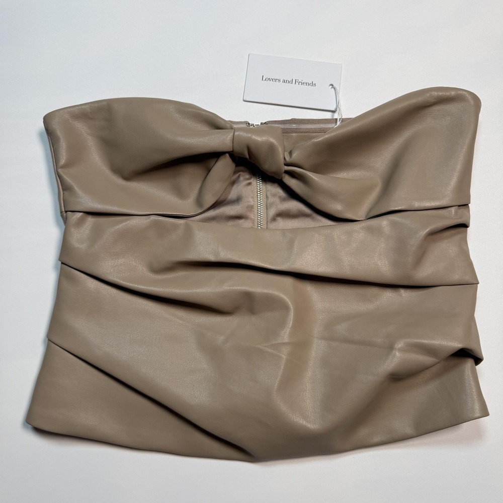 Lovers And Friends Crop Top Womens Small Beige Faux Leather Bow Strapless